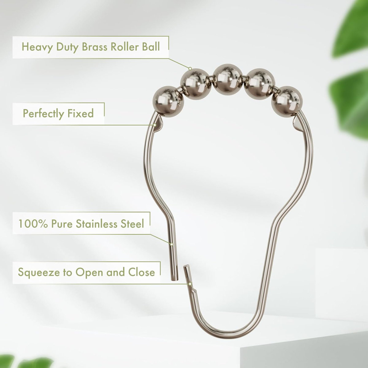 Premium Stainless Steel Shower Curtain Hooks With Polished Nickel Finish, Rustproof And Heavy Duty, Smooth Gliding Design, Set Of 12